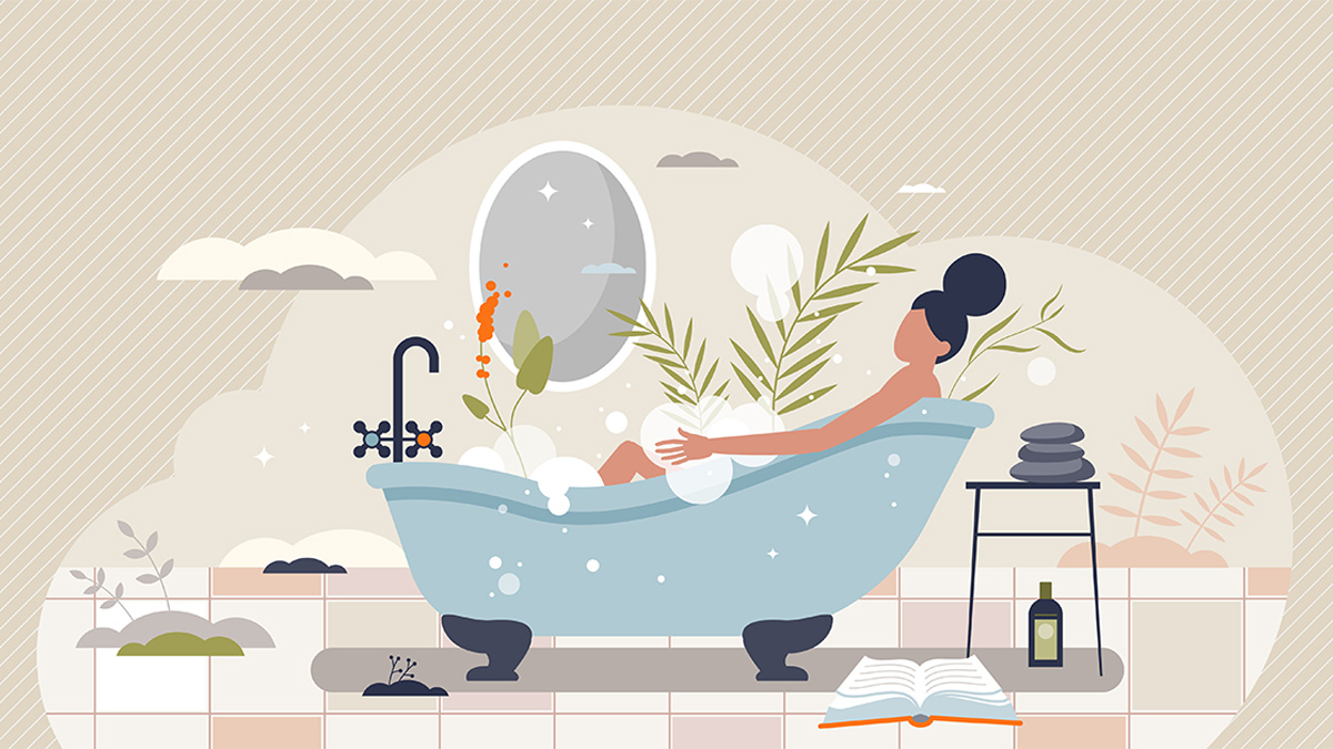 A cartoon / slash animated woman sitting in a blue bathtub beside a circular window. There are green plants beside her and a red flower.