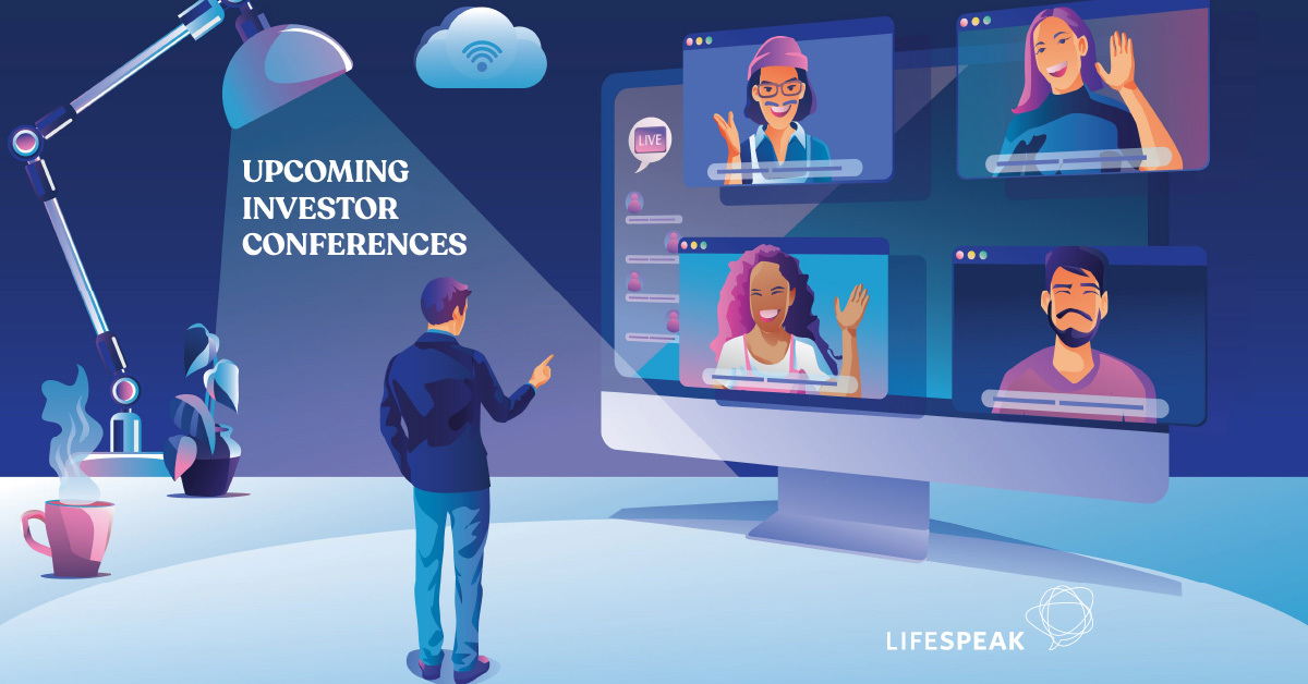 An illustration of a man talking to a large screen with four individuals tuning in