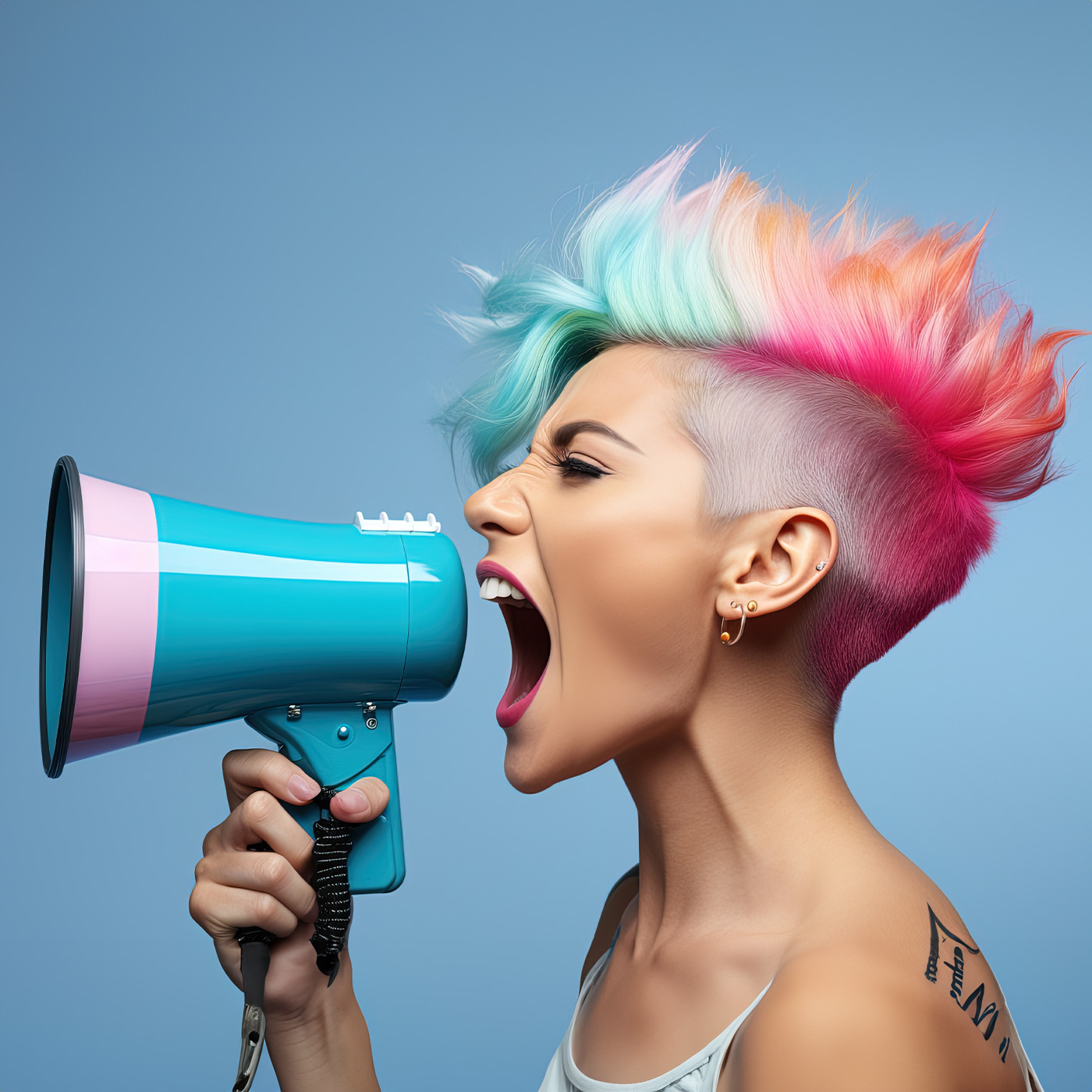 woman with dyed multicolored hair yelling into a bullhorn